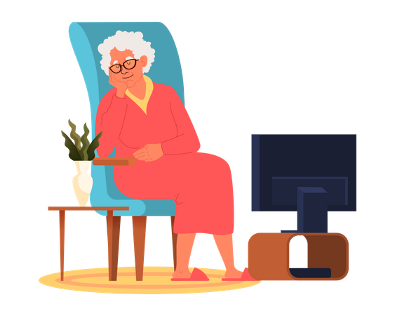 Elderly female sitting on armchair and watching TV  Illustration