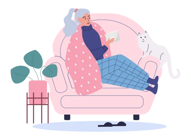 Elderly Woman Sitting In Comfortable Armchair With Plant And Cute Cat Freelancer Remote Work Home Office Vector Illustration Adult Female Character Sitting With Tablet In Her Hands At Home Illustration