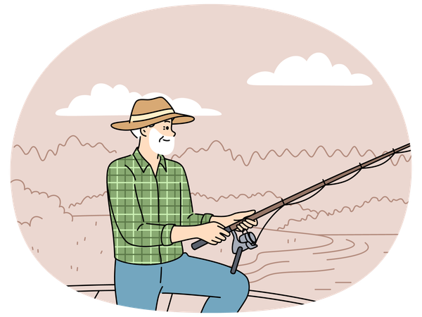 Elderly fisherman standing on dock near lake and feels full of energy after retirement  Illustration