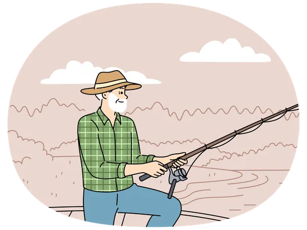 Elderly fisherman standing on dock near lake and feels full of energy after retirement  Illustration