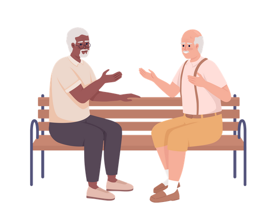 Elderly friends having conversation on bench Illustration
