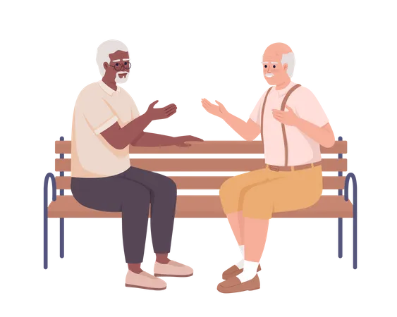 Elderly friends having conversation on bench Illustration