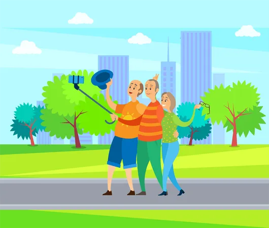 Old Man And Woman Embracing And Making Selfie Senior Holding Stick With Phone Smiling Pensioners Standing In Urban Park Elderly Man And Woman Vector Illustration