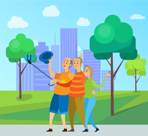 Elderly friends taking photo in park  Illustration
