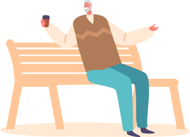 Elderly Gentleman Character Enjoying A Peaceful Moment On A Bench  Illustration