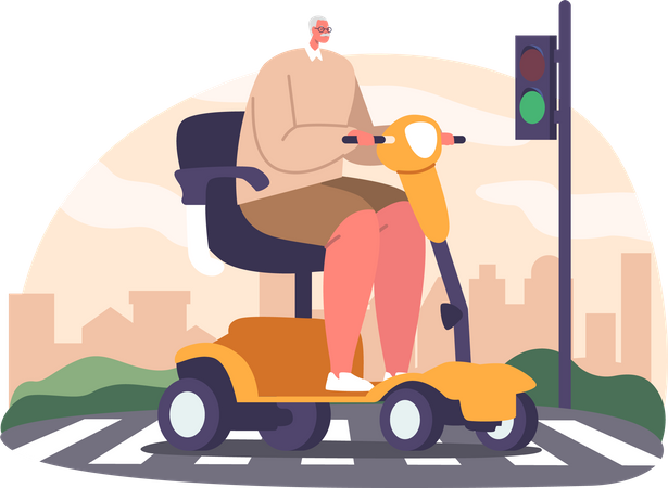 Elderly Gentleman riding Motorized Wheelchair Scooter  Illustration