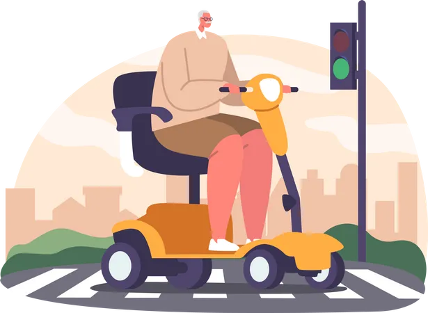 Elderly Gentleman Confidently Navigates His Motorized Wheelchair Scooter Across The Zebra Crossing Displaying Independence And Resilience On The Urban Streets Cartoon People Vector Illustration Illustration