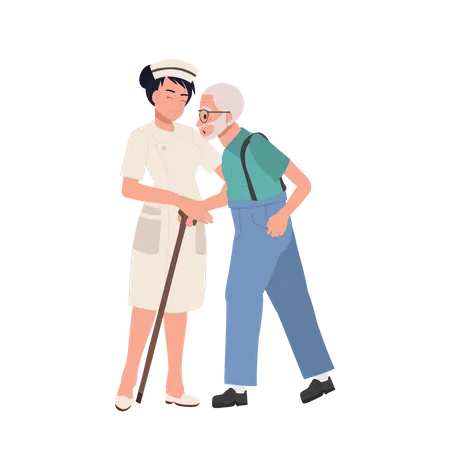 Elderly Grandfather Walking Assistance by Happy female Nurse in Uniform  Illustration