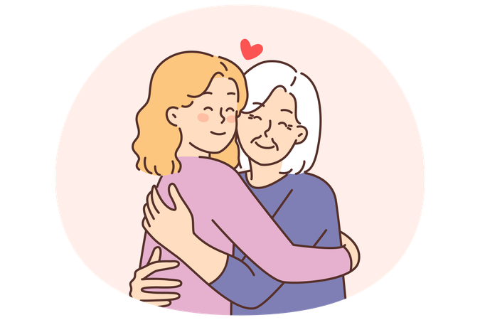Elderly grandmother hug happy grownup daughter  Illustration