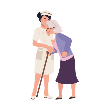 Elderly Grandmother Walking Assistance by Happy female Nurse in Uniform  Illustration