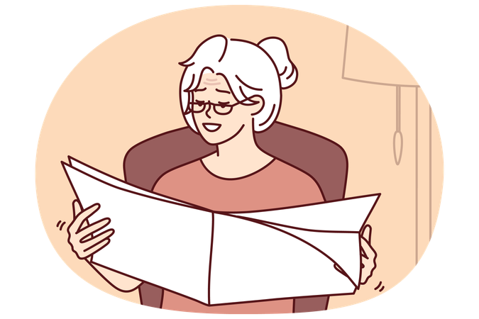 Elderly gray-haired woman reads newspaper with latest news sitting in cozy home chair  Illustration