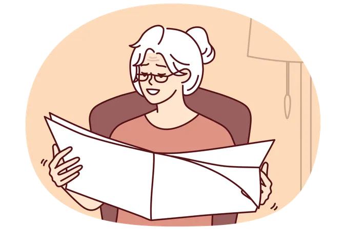Elderly gray-haired woman reads newspaper with latest news sitting in cozy home chair  Illustration