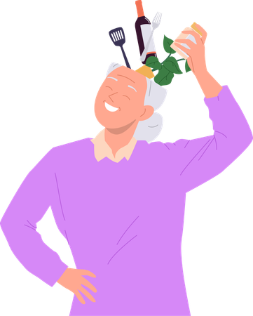 Elderly grey-haired woman filling open head with information activities on pension  Illustration