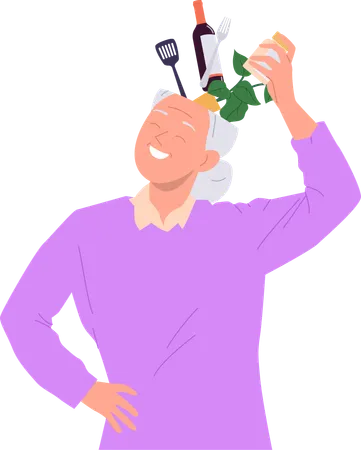 Elderly grey-haired woman filling open head with information activities on pension  Illustration