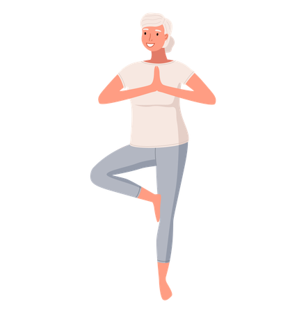 Elderly happy female standing in tree pose  Illustration