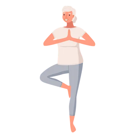 Elderly happy female standing in tree pose  Illustration