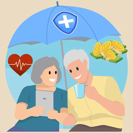 Elderly Health Insurance Happy Senior Couple Select Insurance Protect Health And Life Form Tablet イラスト