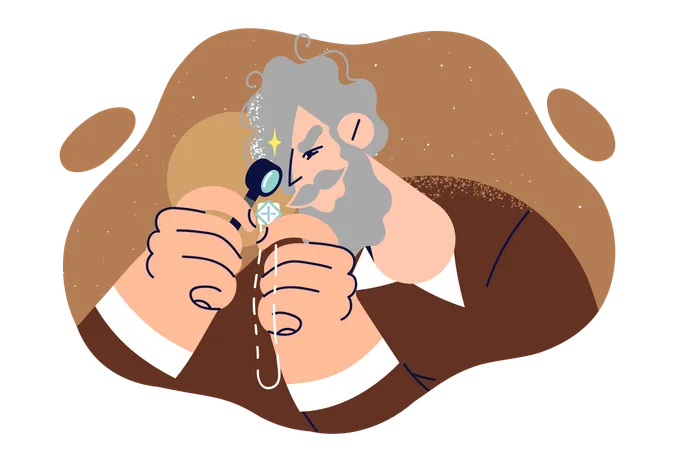 Elderly jeweler examines silver necklace through magnifying glass  Illustration