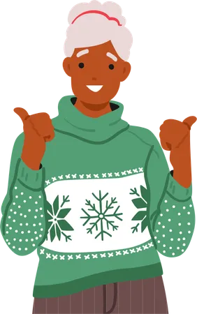 Elderly Lady Dons A Cozy Christmas Sweater Adorned With Festive Patterns And Colors African American Stylish Female Character Radiating Warmth And Holiday Spirit Cartoon People Vector Illustration Illustration