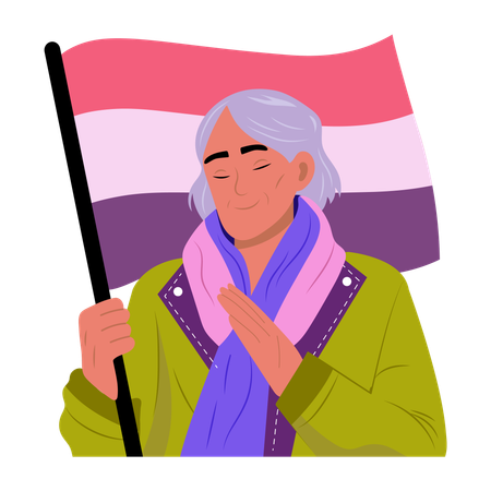 Elderly lady holding National flag  Illustration