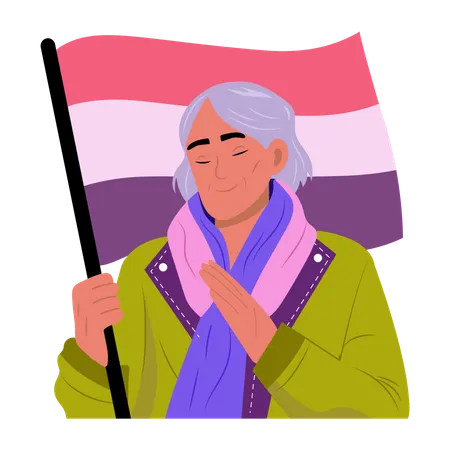 Elderly lady holding National flag  Illustration