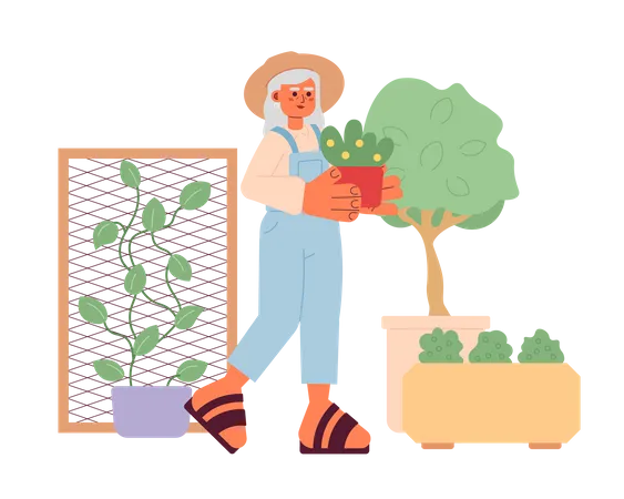 Elderly Lady In Garden Cartoon Flat Illustration Old Gardener Woman Holding Plant 2 D Character Isolated On White Background Retired Horticulturist Grandmother Gardening Scene Vector Color Image Illustration