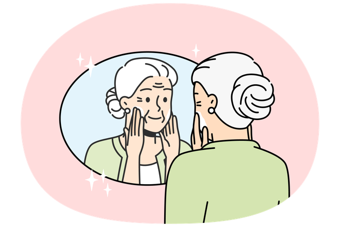Elderly lady puts anti-aging cream on face at home  Illustration