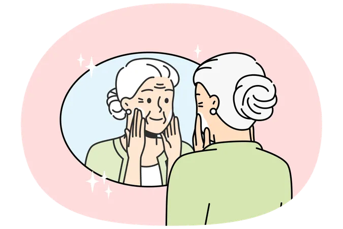 Elderly lady puts anti-aging cream on face at home  Illustration