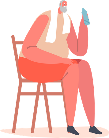 Elderly Male Sitting on Chair with Towel on Shoulders Drink Water after Exercise Illustration