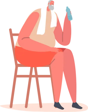 Elderly Male Sitting on Chair with Towel on Shoulders Drink Water after Exercise  Illustration