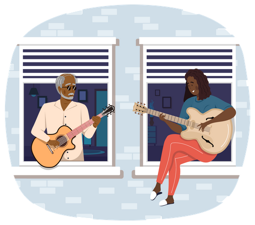 Elderly Man and girl Plays Guitar Illustration