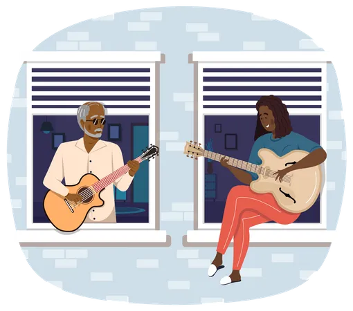 Elderly Man and girl Plays Guitar Illustration