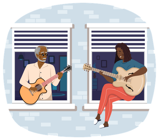 Elderly Man and girl Plays Guitar  Illustration