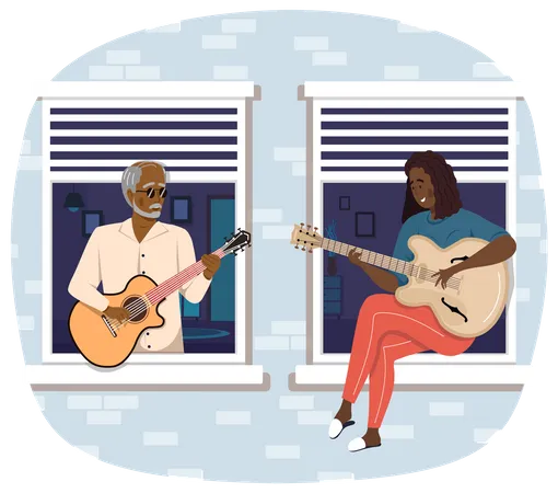 Elderly Man and girl Plays Guitar  Illustration