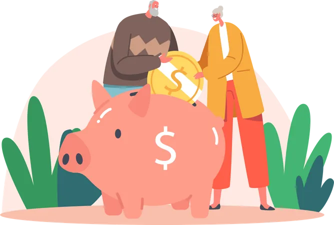 Elderly Man and Woman Characters Put Coin to Piggy Bank Illustration