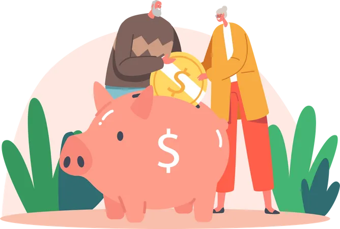 Elderly Man and Woman Characters Put Coin to Piggy Bank  Illustration