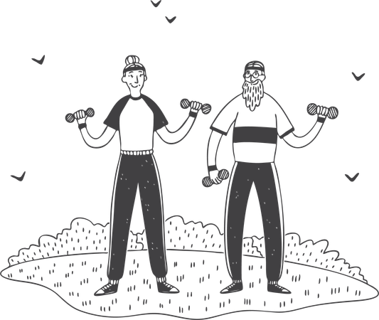 Elderly man and woman doing workout  Illustration