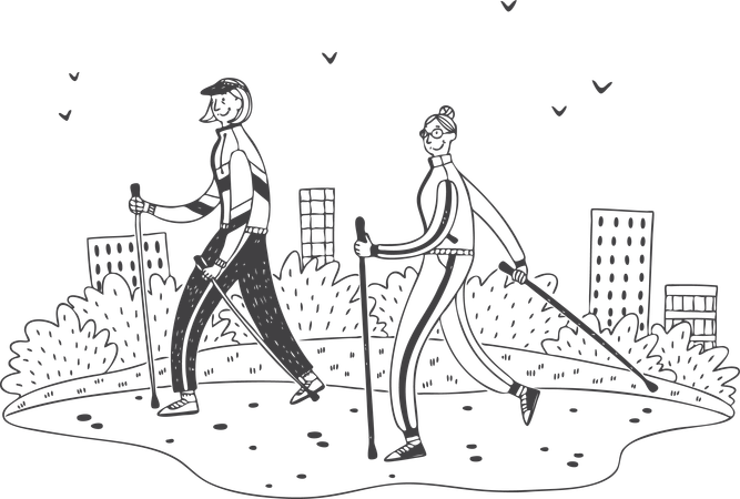 Elderly man and woman hiking  Illustration