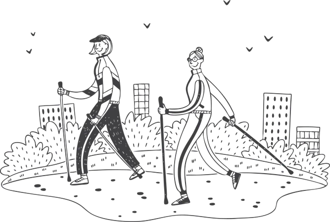 Elderly man and woman hiking  Illustration