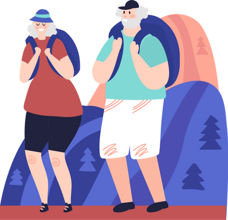 Elderly man and woman hiking with backpack Illustration