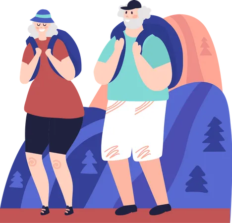 Elderly man and woman hiking with backpack Illustration