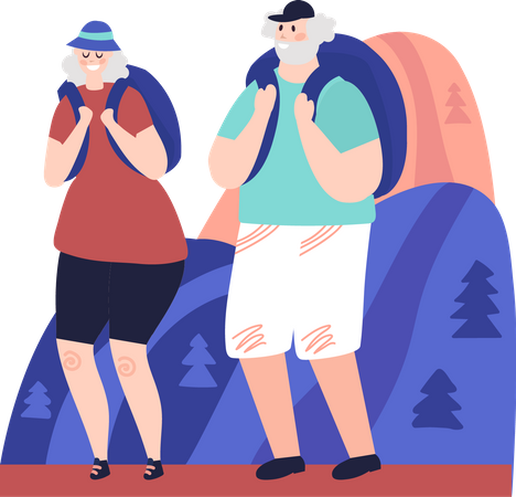 Elderly man and woman hiking with backpack  Illustration