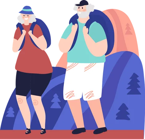 Elderly man and woman hiking with backpack  Illustration