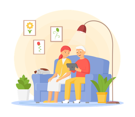 Elderly man and woman surfing internet together at home studies modern communication technologies  Illustration