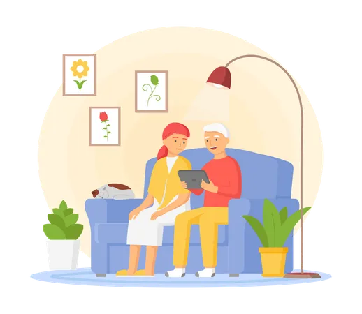 Elderly man and woman surfing internet together at home studies modern communication technologies  Illustration