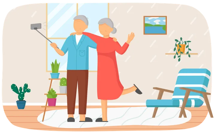 Elderly Man And Woman Take Selfie On Smartphone On Monopod At Home Retired Couple Posing For Photo On Phone Old People Use Technology Gadget For Self Portrait Photo Seniors Deal With Technologies イラスト