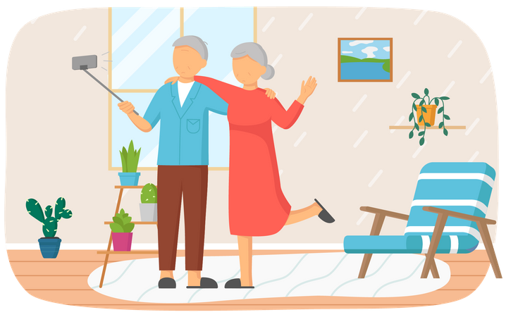 Elderly man and woman take selfie on smartphone  Illustration