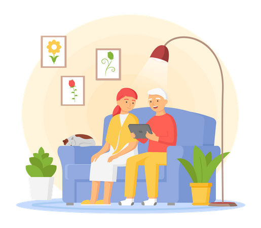 Elderly man and woman watching video on tablet  Illustration