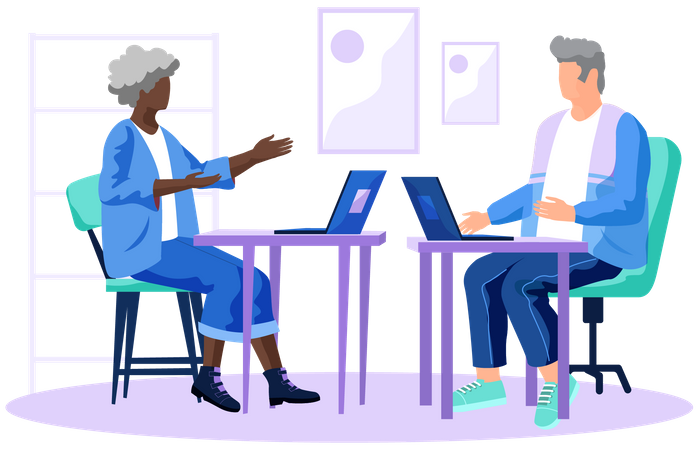 Elderly man and woman working on laptop  Illustration