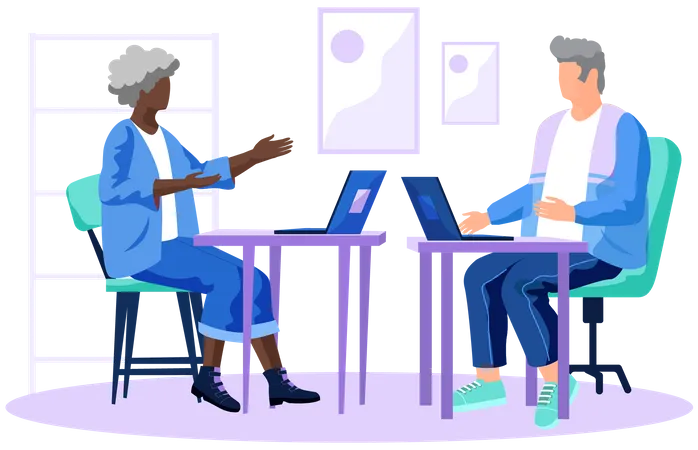 Elderly man and woman working on laptop  Illustration